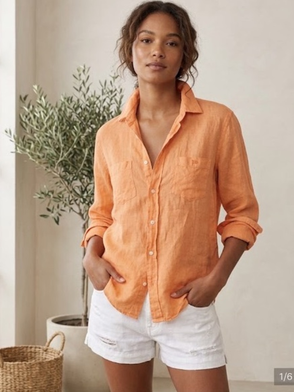 Frank & Eileen / Paul linen tangerine orange button down shirt top small S